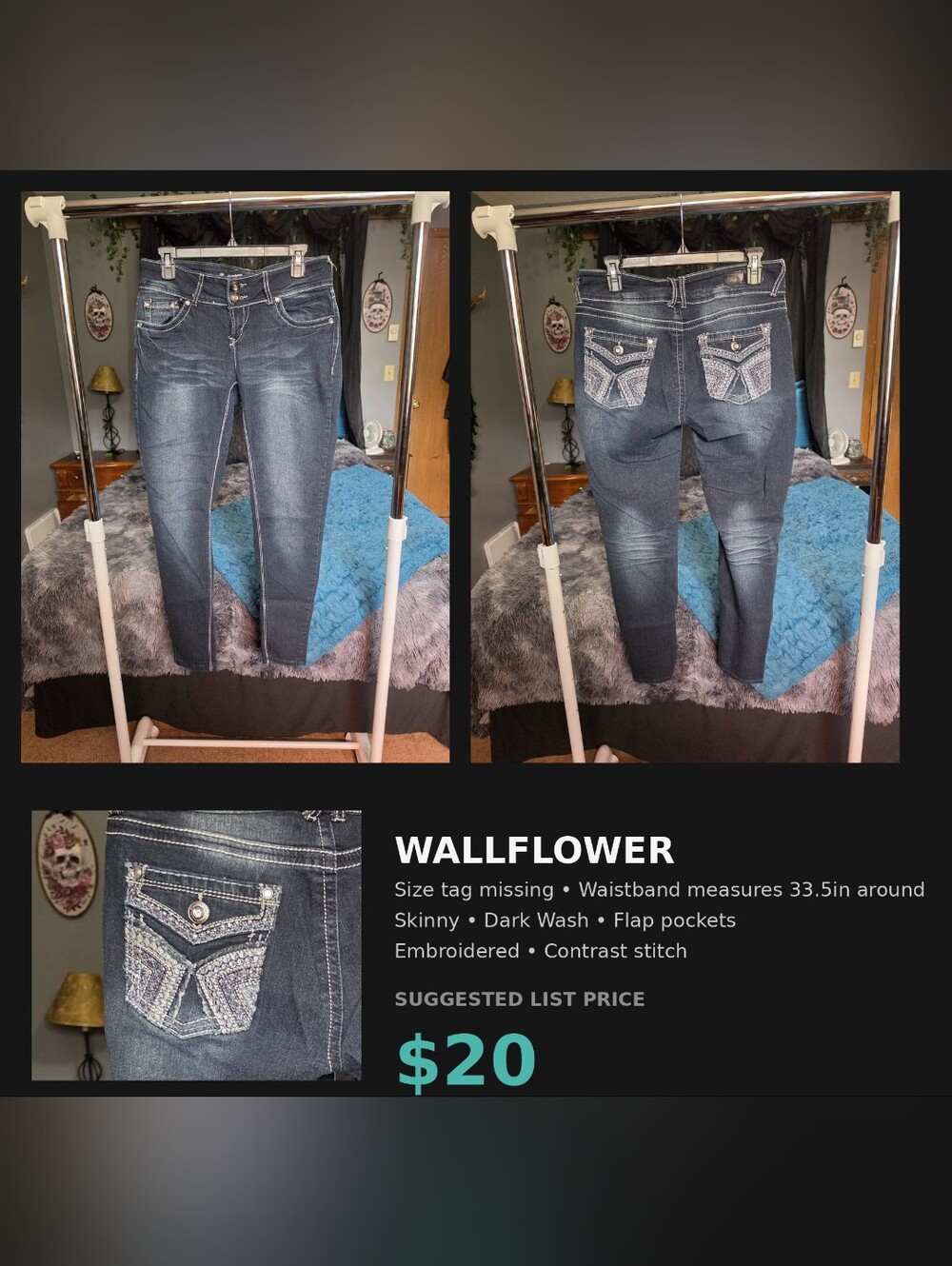 WallFlower Skinny Jeans Dark Wash Embroidered Flap Pockets No Size Tag